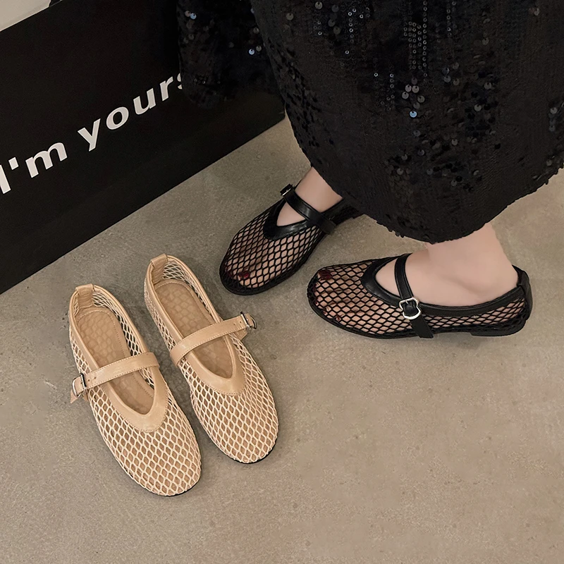

Summer Hollow Out Lace Mesh Ballet Flat Shoes Women Round Toe Slip On Casual Loafers Shoes Elegant Dress Single Shoes Femme