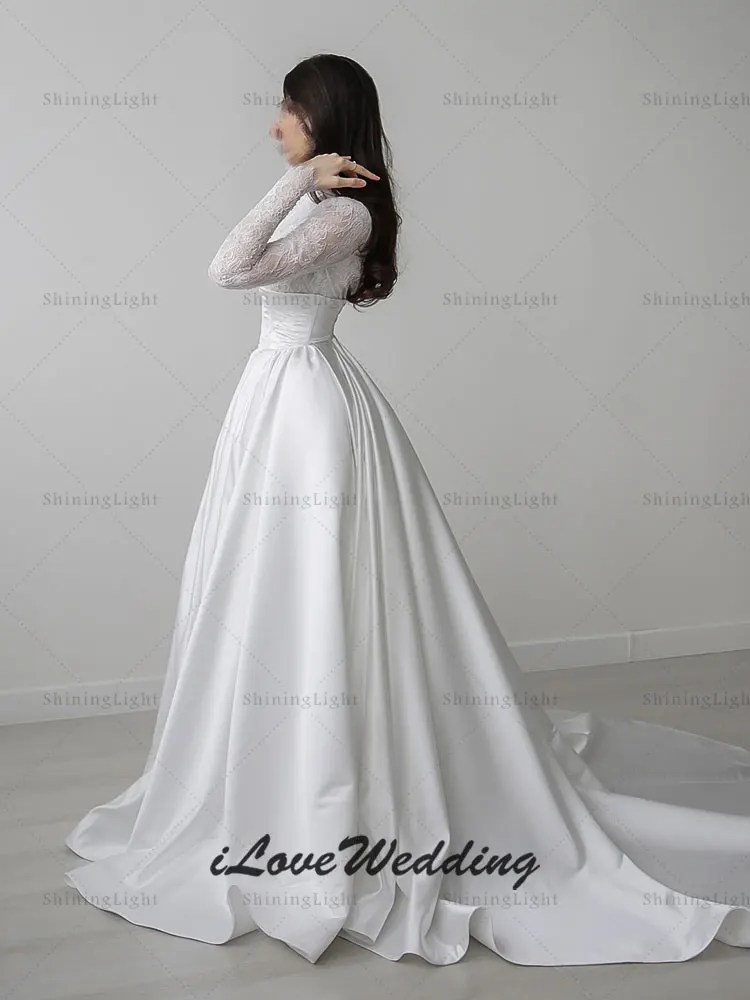 Suknie ślubne arabskie ShiningLight, wysoki dekolt, koronka, długie rękawy, biała linia A, satynowe suknie ślubne, Vestidos De Novia, szyte na miarę