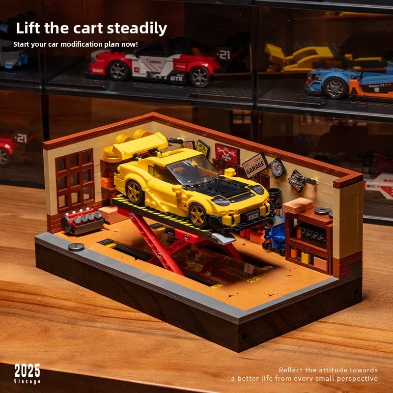 DIY Liftable Garage Repair Shop Scene Model City Champion Racing Dual Color Su-7 Supercar Building Blocks & Adult Gifts