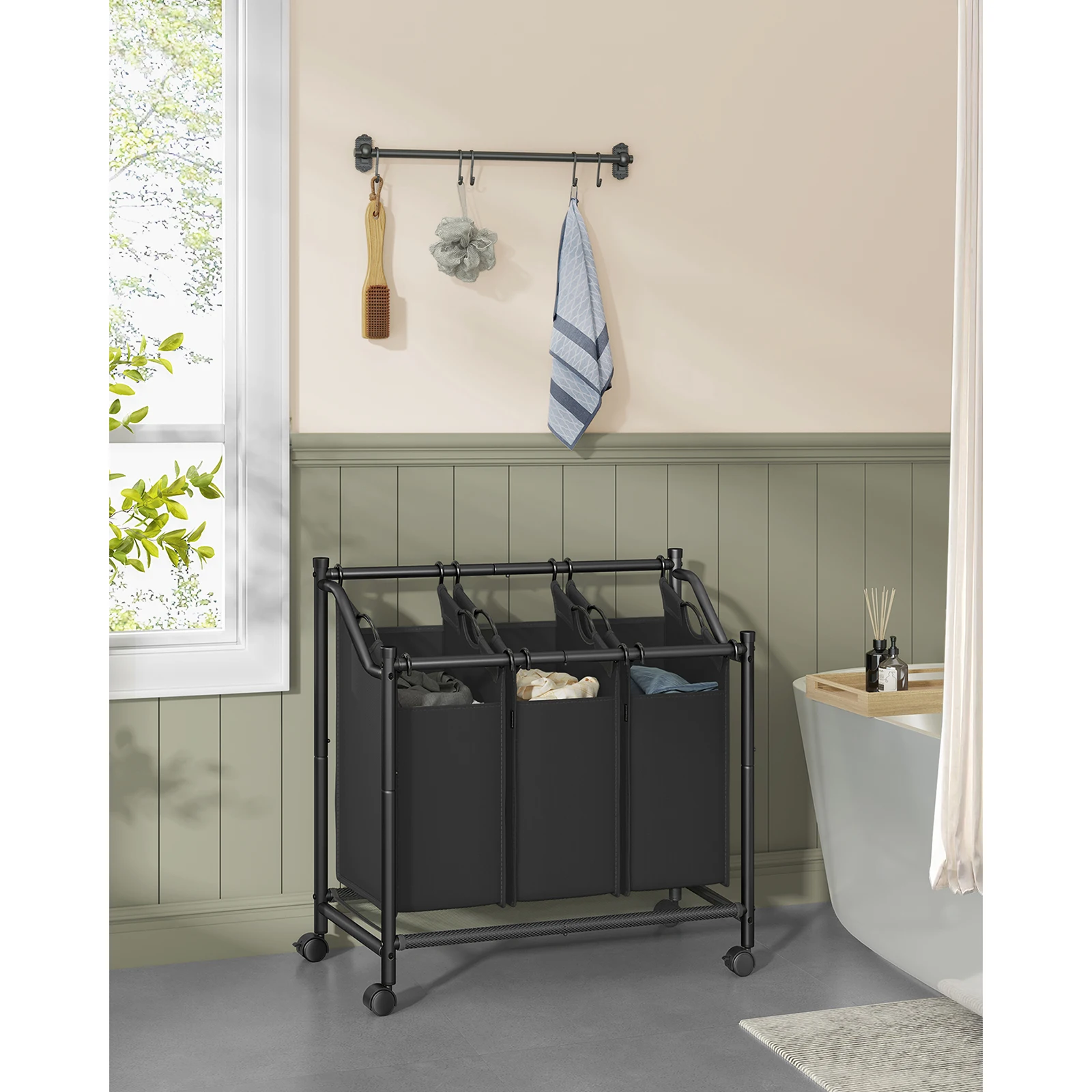 SONGMICS Rolling Laundry Sorter, Laundry Basket with 3 Removable Bags, Laundry Hamper, Laundry Trolley