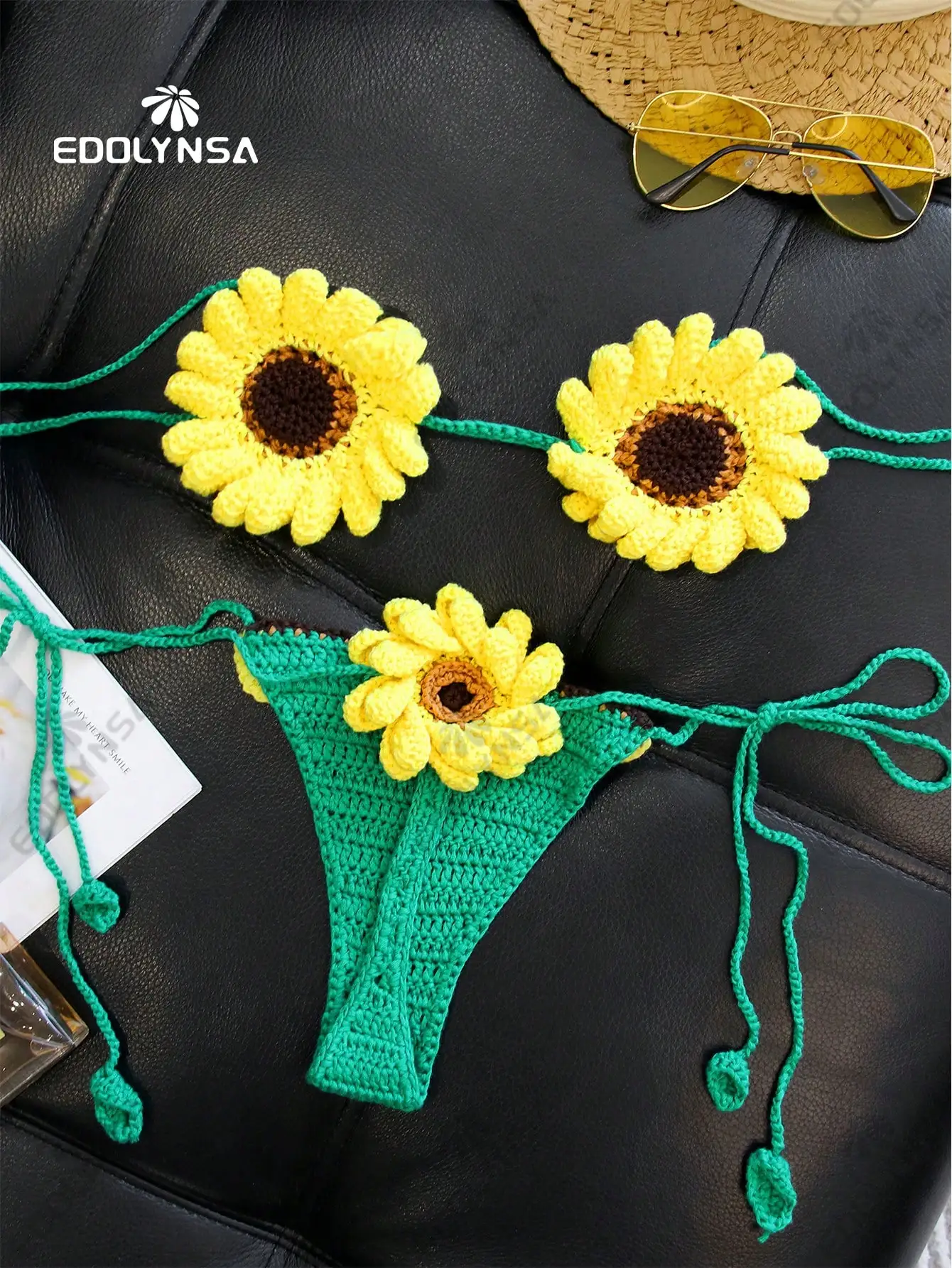 

Crochet Sunflower Bikini Set Women Sexy Tie Side Beach Swimwear