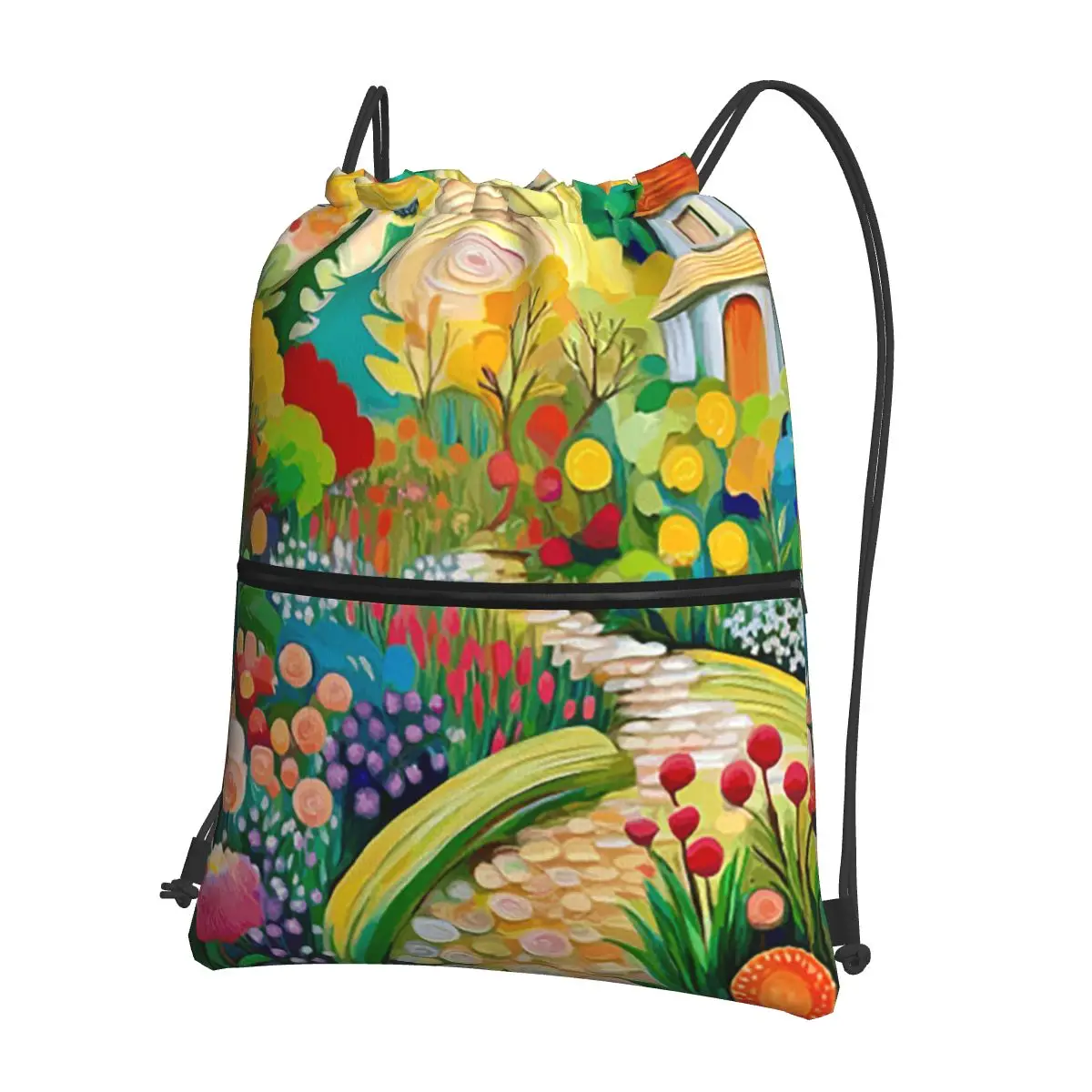 Gustav Klimt Flower Garden With Cottage Backpacks Portable Drawstring Bags Sports Bag Book Bags for Man Woman School