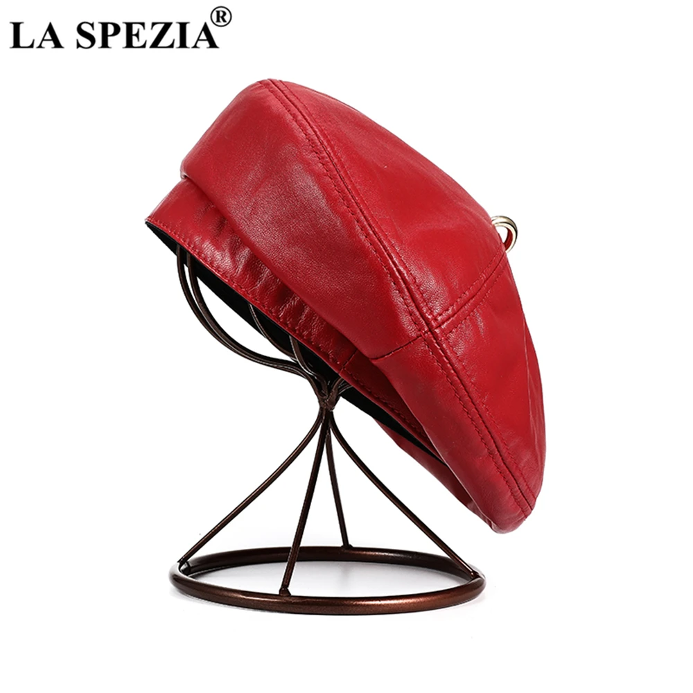 LA SPEZIA Women Beret Hat Vintage Red Womens Hats Genuine Leather Sheepskin Solid Red Blue White Black Autumn Winter Hat