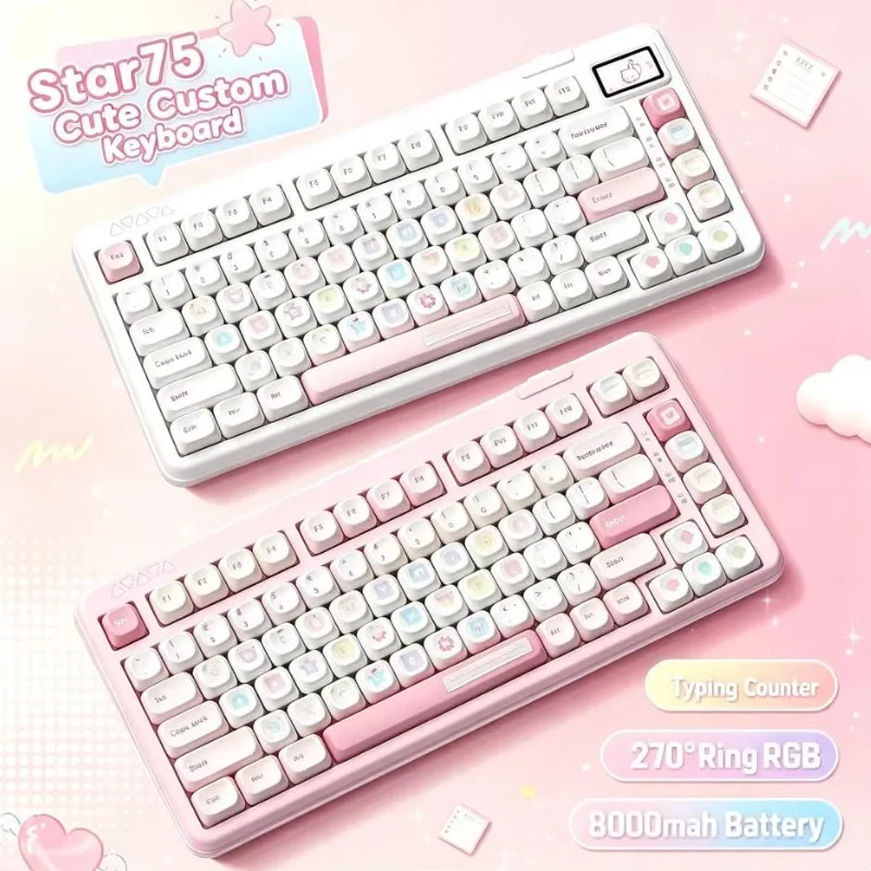 RECCAZR for Star75 Tri Mode Mechanical Keyboard 75% Layout RGB Hot Swap Cute Pink Wireless Keyboard for Girl PC Gaming Office