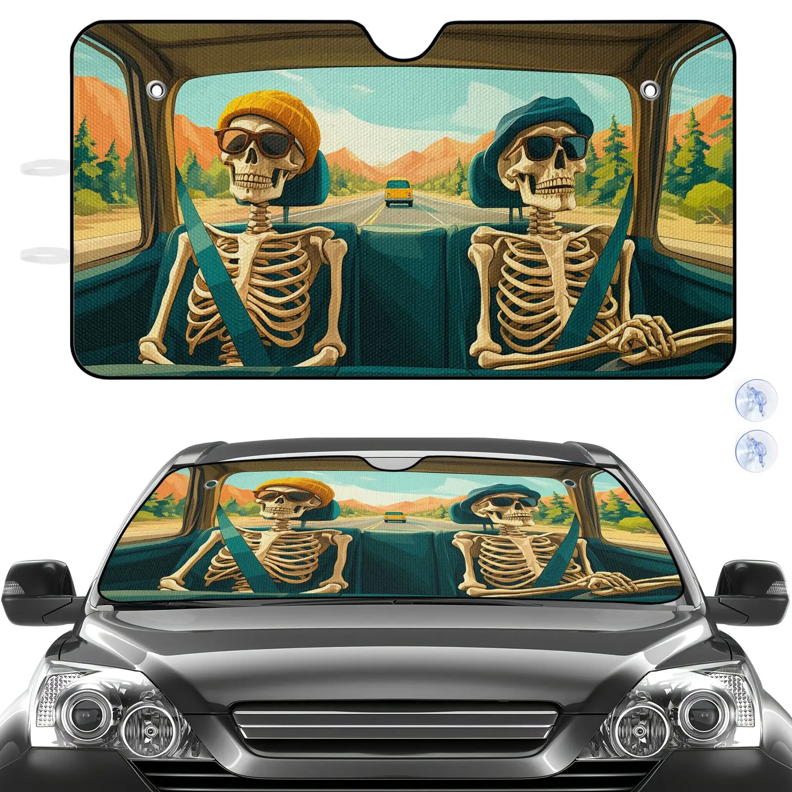 Car Sun Shade Black Skeleton Couple With Hat And Fashion Glasses On Road Trip Design For Car Interior Protection And Decoration