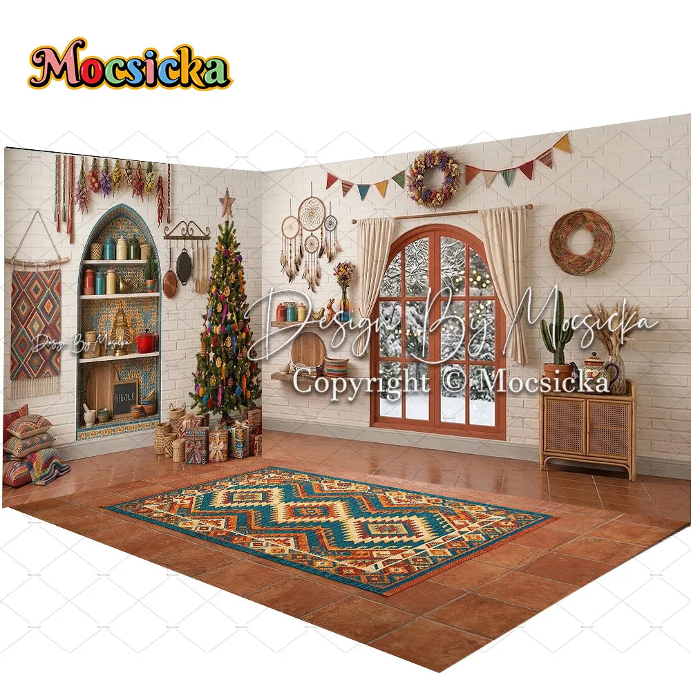 Mocsicka Backdrop Photography Christmas Boho Room Rug Cactus Window Snow Background Xmas Family Kids Holiday Party Studio Photo