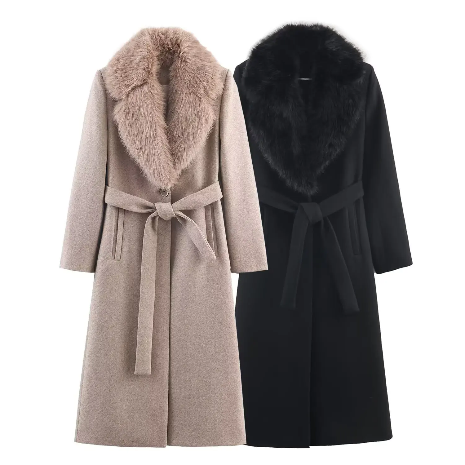 New European and American fashion faux fur effect belt coat for women's autumn and winter