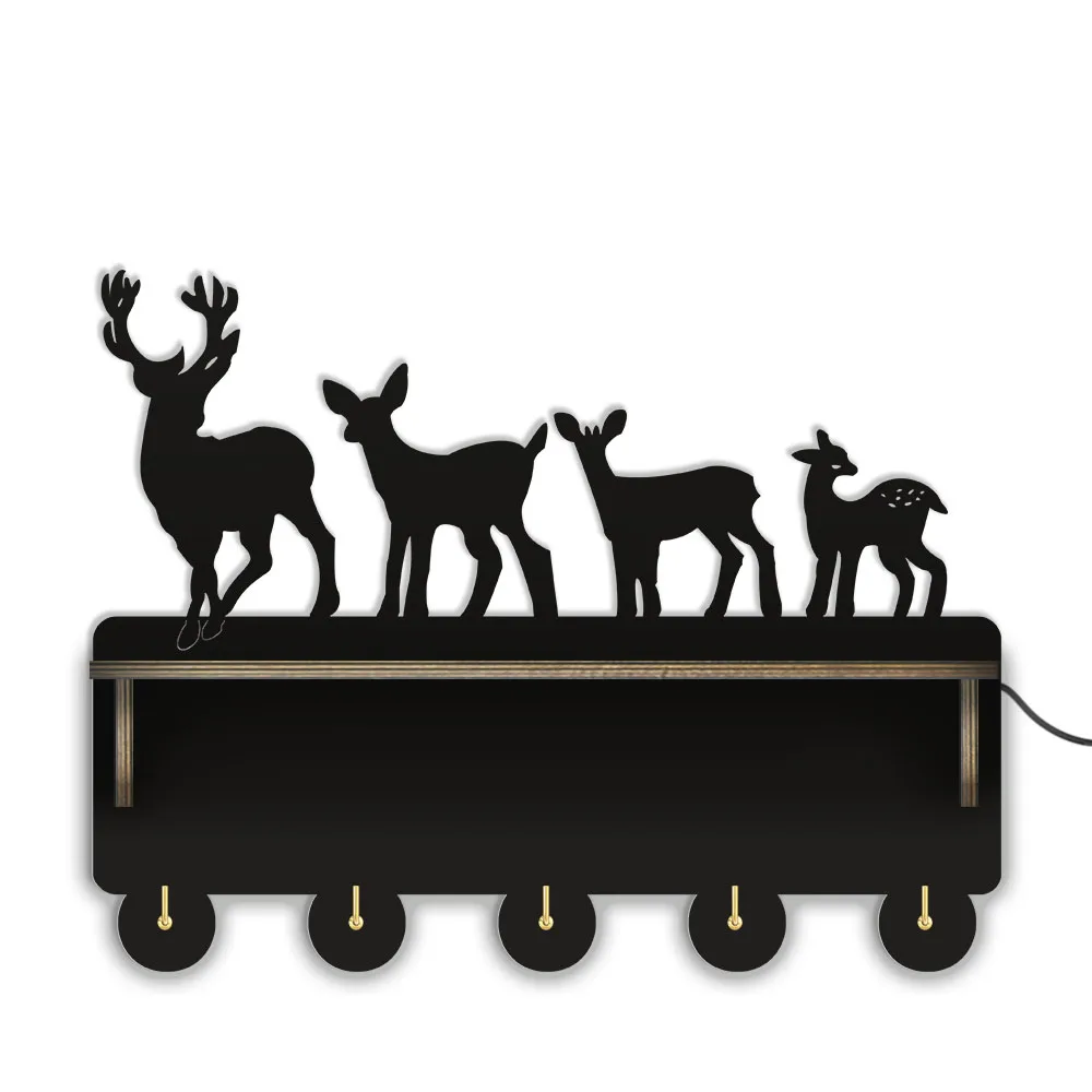 

Deer Family Wooden Wall Hook With Shelf For Entryway Kids Room Home Decor Wild Animal Key Organizer Display Rack With 5 Hooks