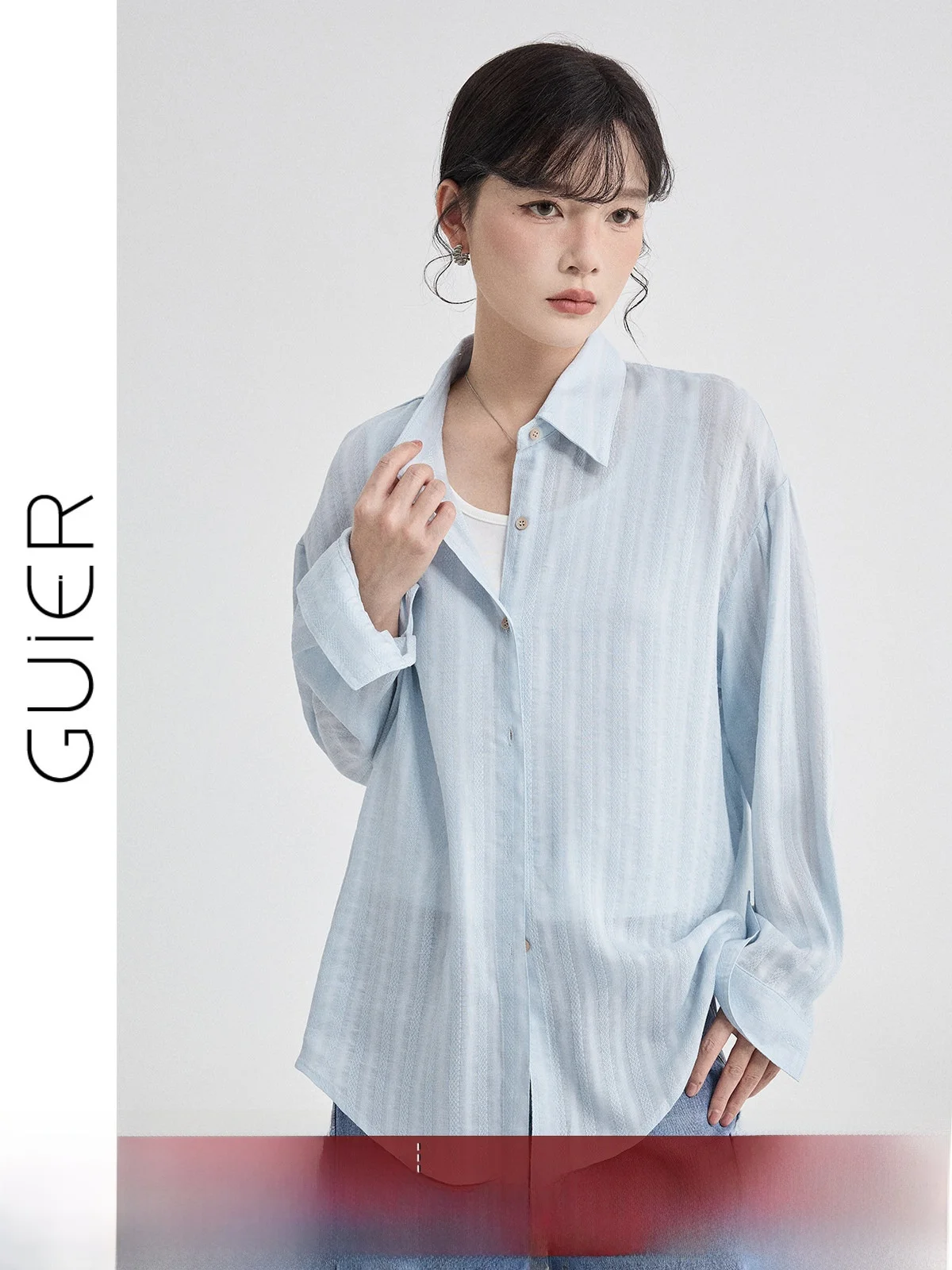 

Blue Long Sleeve Casual Shirt for Women Simple Style Spring New Arrival Versatile High End Shirt by Guier