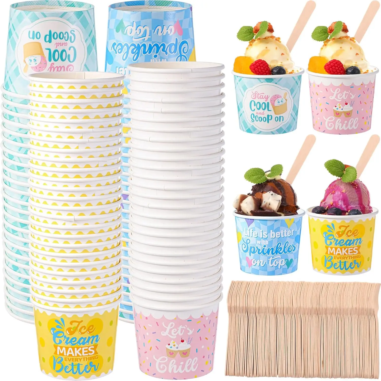 

100 Sets 6 oz Paper Ice Cream Cups with Wooden Spoons Bulk Ice Cream Sundae Bar Supplies Disposable Dessert Bowls Contai