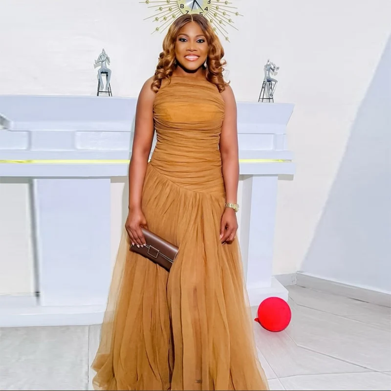 

Brown Satin And Tulle Prom Dresses Ruched Floor Length Plus Size Evening Gowns Women Formal Occasion Party Dress