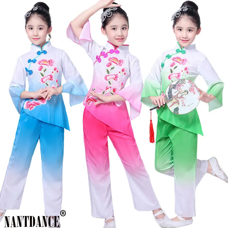 

Girls children's classical dance high quality embroidery elegant costumes fan dance costume Jiangnan umbrella hanfu Dance wear