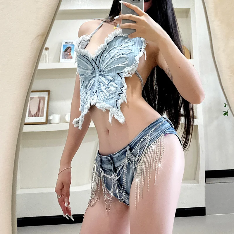 2024 Summer denim shorts hot pants super denim diamond link decoration women's sexy low waist high quality European and American