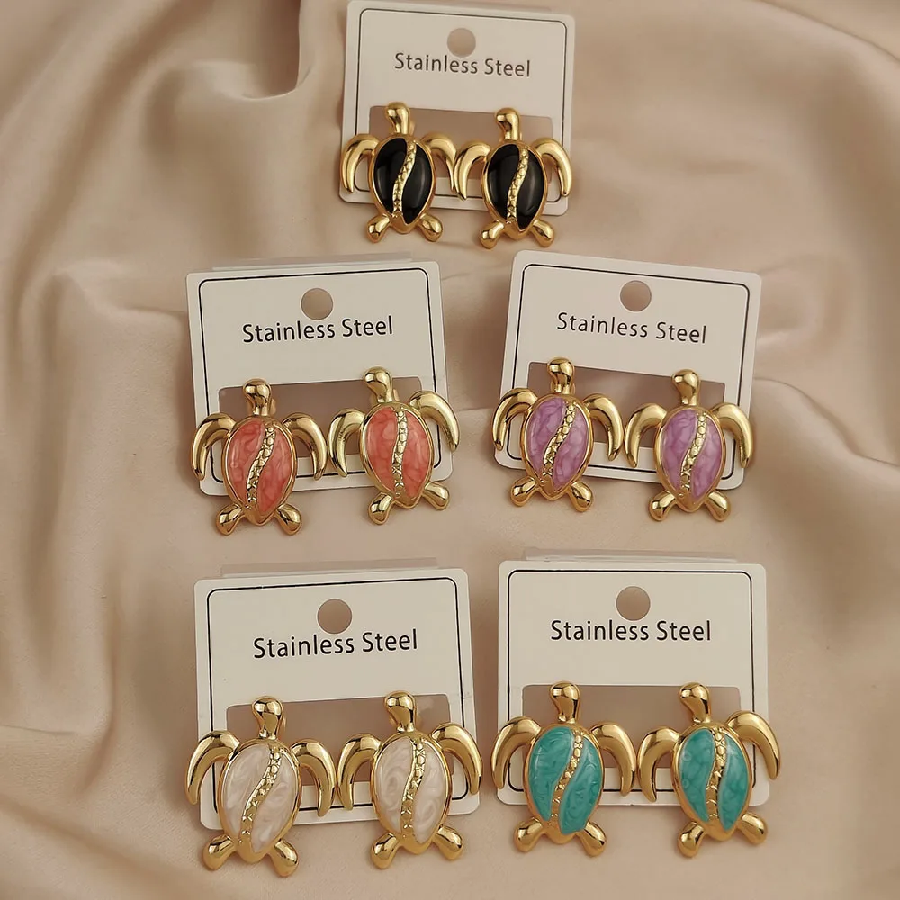 

New turtle colored enamel 18K gold-plated women's earrings, waterproof and non-fading stainless steel, wife's gift