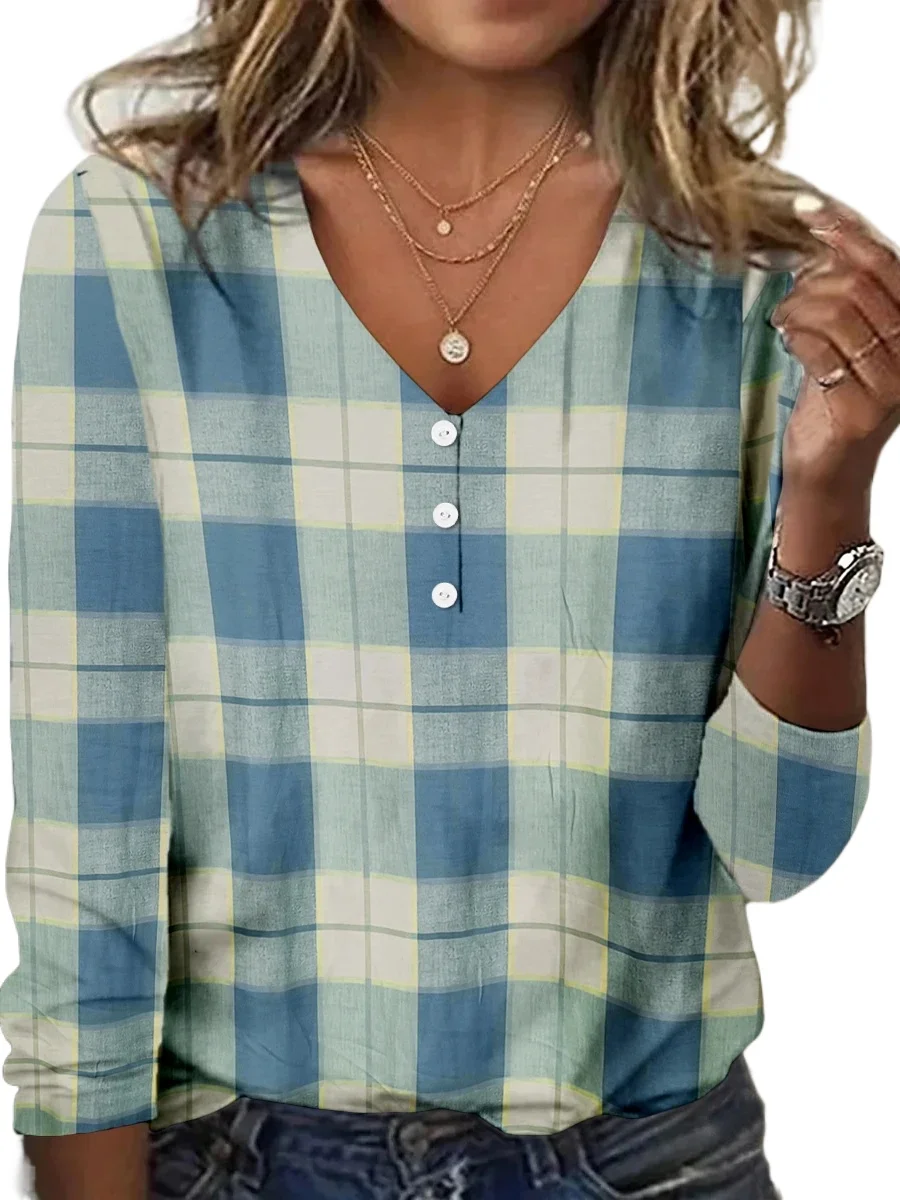 New Plus Size Women Plaid Long Sleeve V-Neck Button Blouse Casual Loose Tops Checkered Pullover Shirt Autumn Fashion