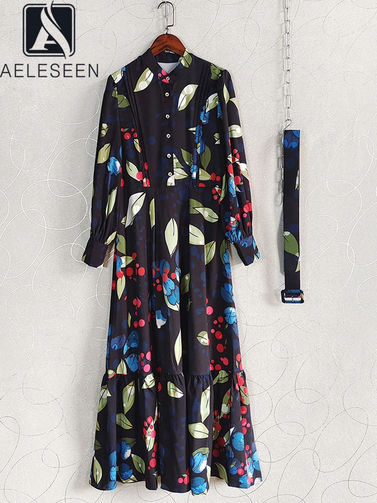 

AELESEEN Vintage Long Autumn Party Dress Women Full Sleeve Colorful Flower Print Single-breasted Belt Elegant Retro Holiday