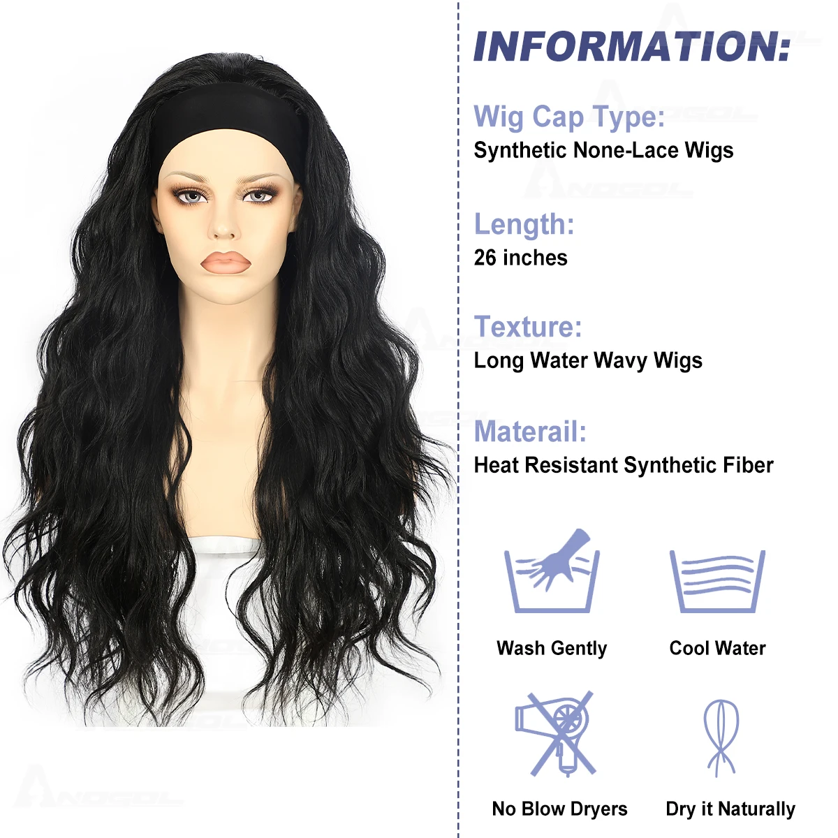 ANOGOL Synthetic Loose Body Wave White Black Headband Wig Dark Brown 99J Water Deep Wavy Long Blonde Fiber Wigs for Women Gift