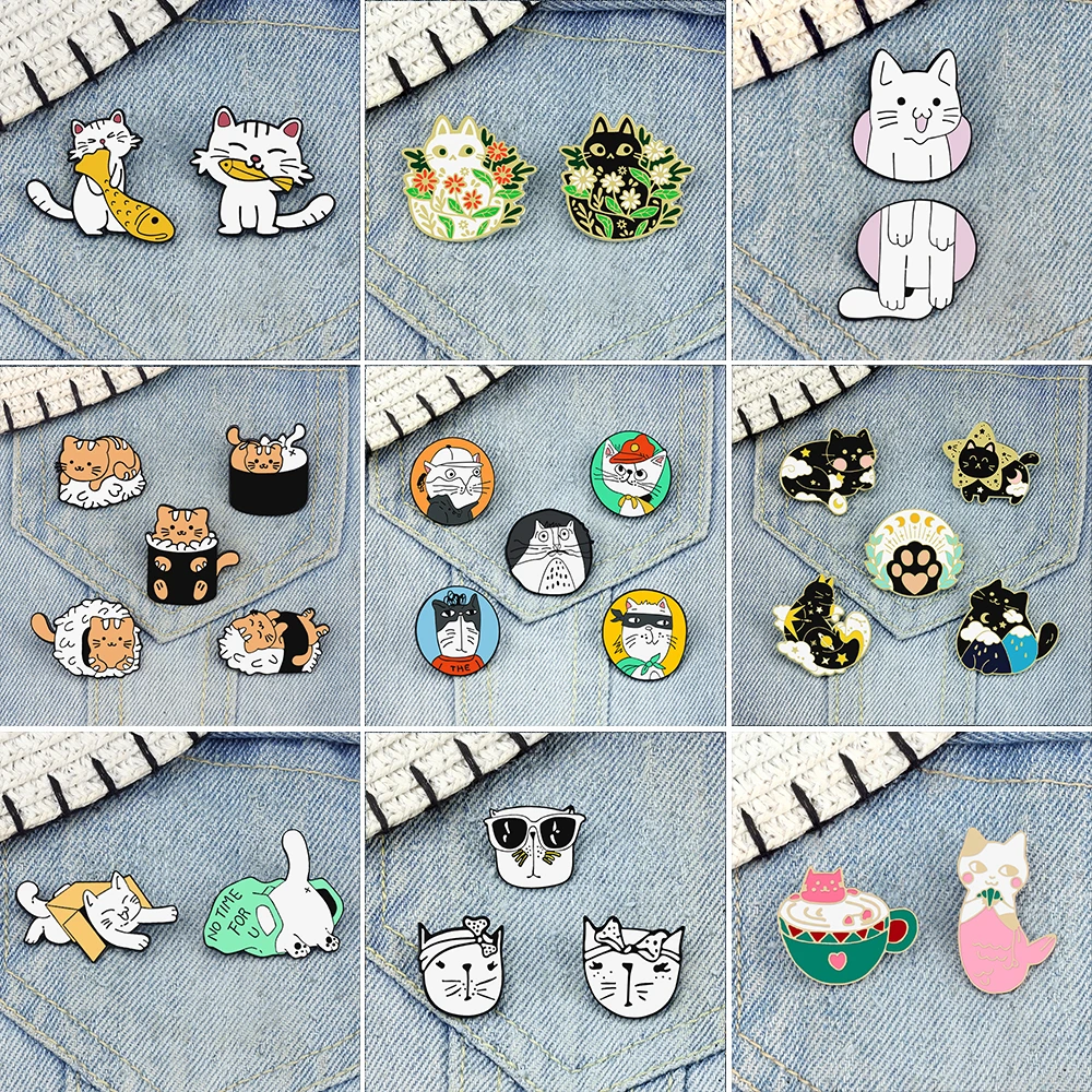 2-5Pcs/Set Funny Cat Brooch Enamel Cartoon Starry Sky Kitty Mermaid Shirt Lapel Pin Cute Anime Flower Cats Badge for Kids Friend