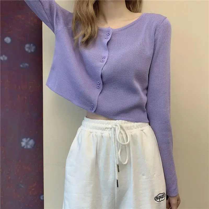 

New Spring Summer Refreshing Comfortable Tender Thin Ice Silk Knitted Cardigan Women's Jacket Long-sleeved Purple Short Top