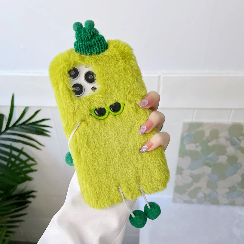 Christmas Funny Pull Coal Ball Monster Fluffy Plush Phone Case For iPhone 11 12 14 13 15 16 17 Pro Max Plus Air Fuzzy Warm Cover