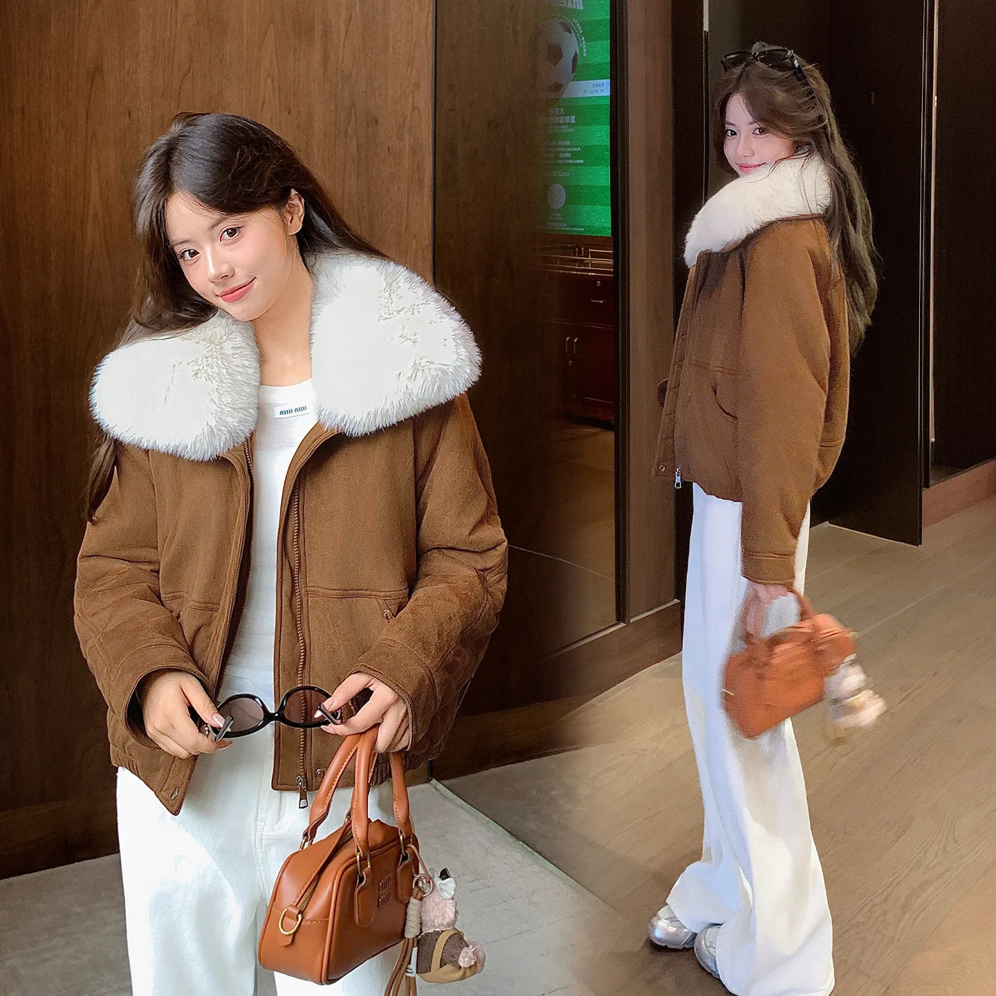 Women's Short Jacket Anti Lambhair Large Wool Collar Cotton Padded Warm Winter Coat Temperament Small down Cotton Jacket