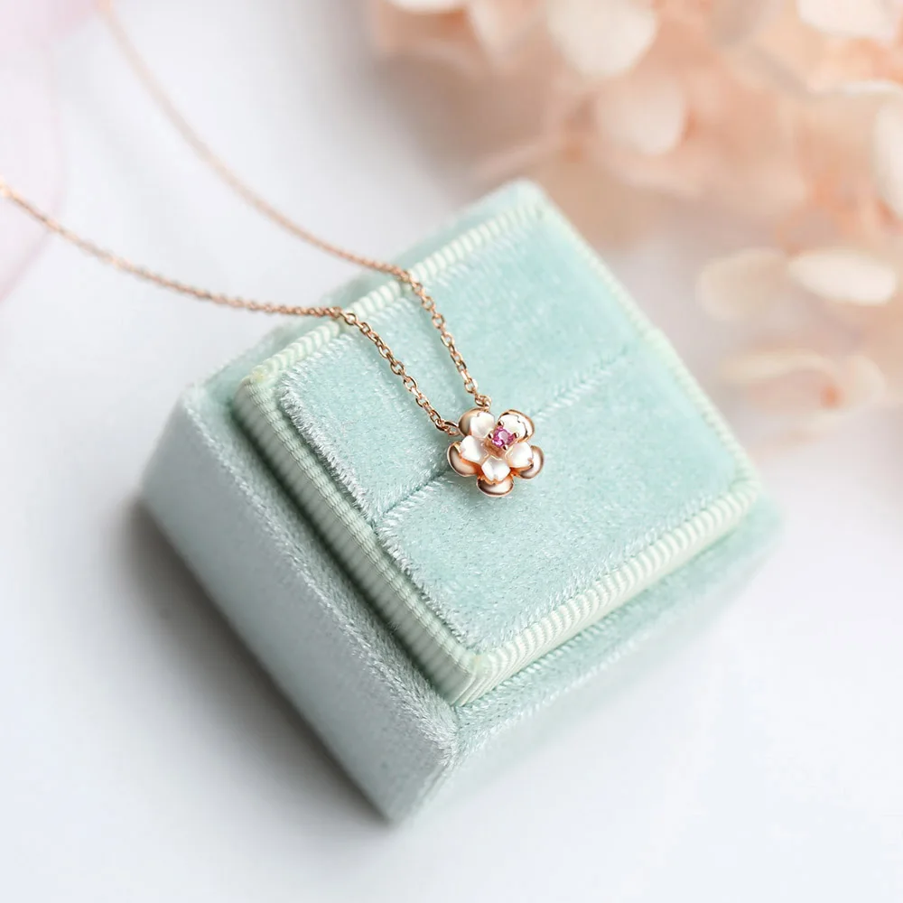 LAMOON Sakura Pendant Necklace For Women 925 Silver Necklace Natural Pink Shell Zircon 18K Rose Gold Plated Fine Jewelry LMNI088