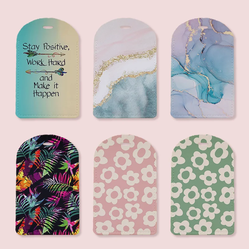 PU Leather Travel Luggage Tags with Privacy Cover for Suitcase Handbags Backpacks Men Women Cute Flower Art Marble Baggage Tags