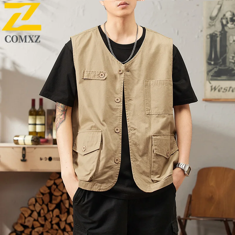 Outdoor Men's Fishing Vest Retro Tooling Style Sleeveless Vests Thin Adventure Reporter Multi-Pocket Work Loose Waistcoat 2025