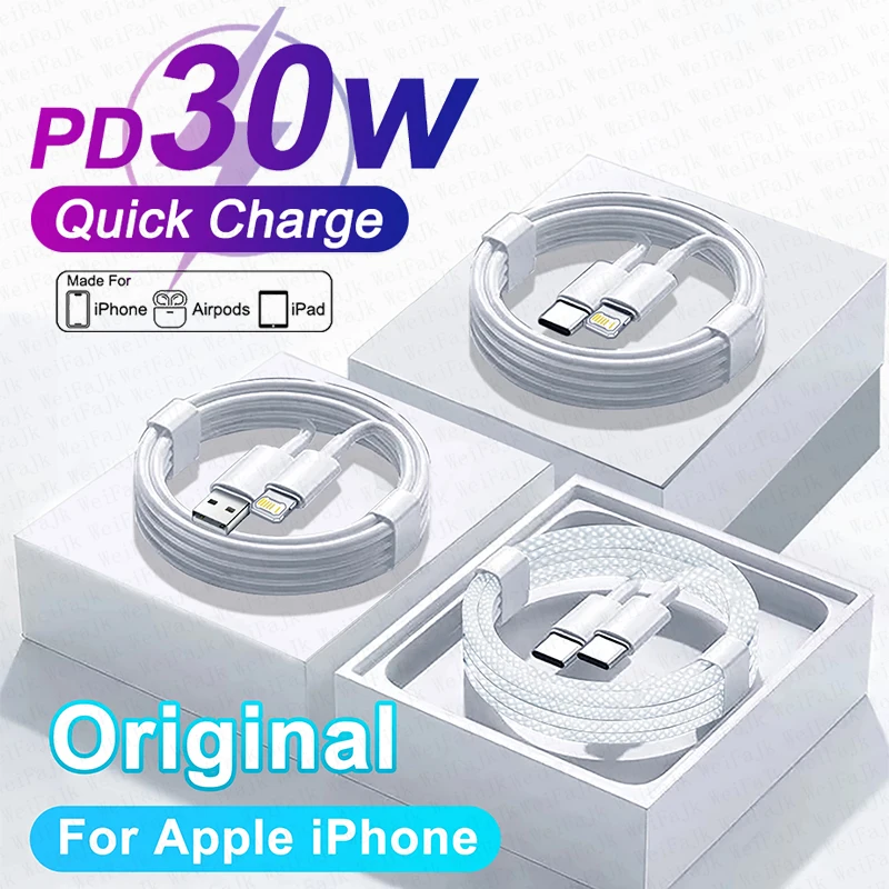 For Apple Original 30W Fast Charging Cable For iPhone 14 13 12 11 15 Pro Max Mini X XS XR 8 Plus USB Type C iPhone Charge Cable