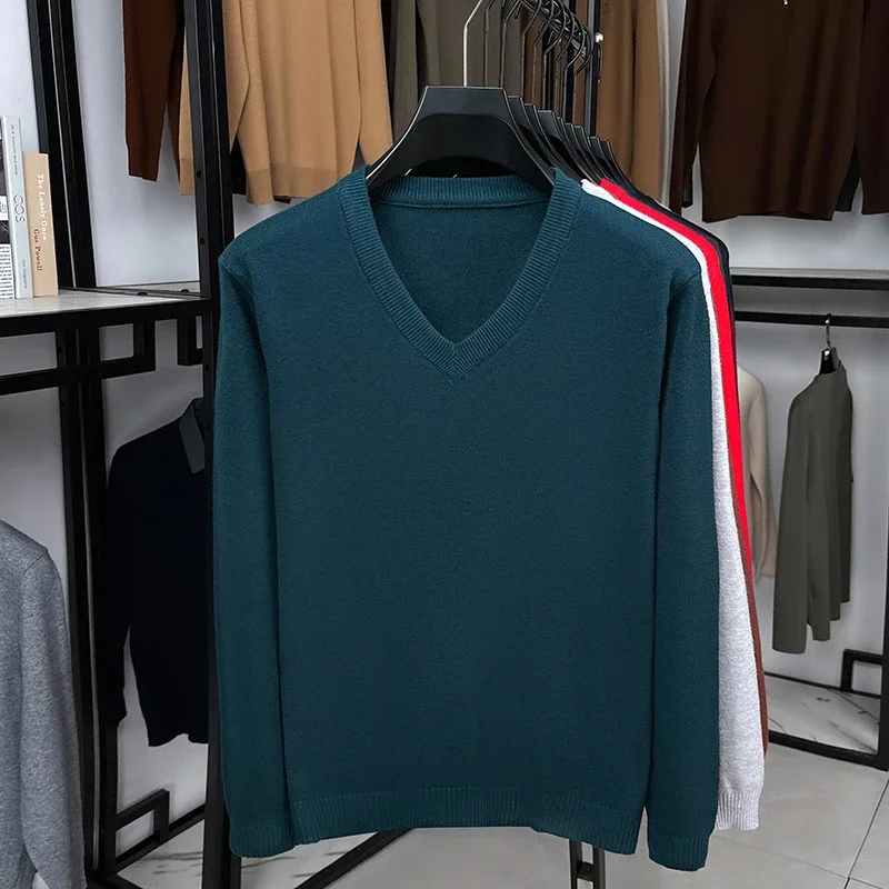 Autumn Male Plain V Neck Knit Jumper Long Sleeve Rib Trim Breathable Knitwear Suitable For Daily Office Commute Outfit