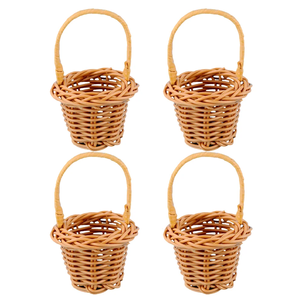 4 Pcs Micro Landscape Flower Basket Wicker Mini Tote Weaving Natural Vine & Pp Imitation Rattan DIY Toy Child