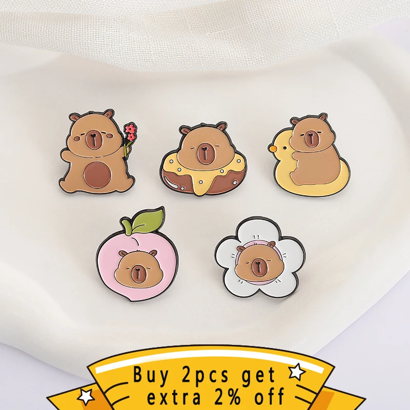 Cute Sweet Donut Brown Bear Enamel Pins Capybara Hippopotamus Brooches Lapel Backpack Badge Funny Animal Jewelry Gifts For Kids