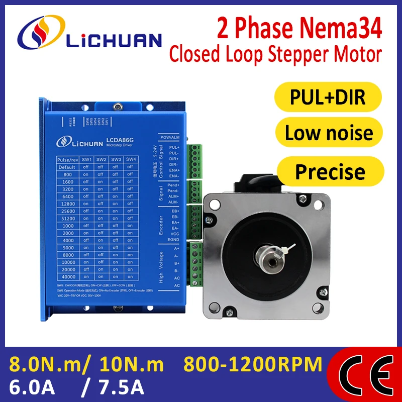 

Lichuan 2 Phase Nema34 Closed Loop Driver Stepper Motor Drivers 8/10N.m 6A/7.5A 1000PPR DC/AC Closed Loop Stepper Motor Drivers