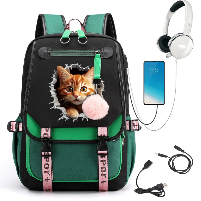 Kawaii Cat Print Backpack Children School Bags for Girls School Backpack Bag Waterproof Primary Schoolbag Book Bag Usb Mochila