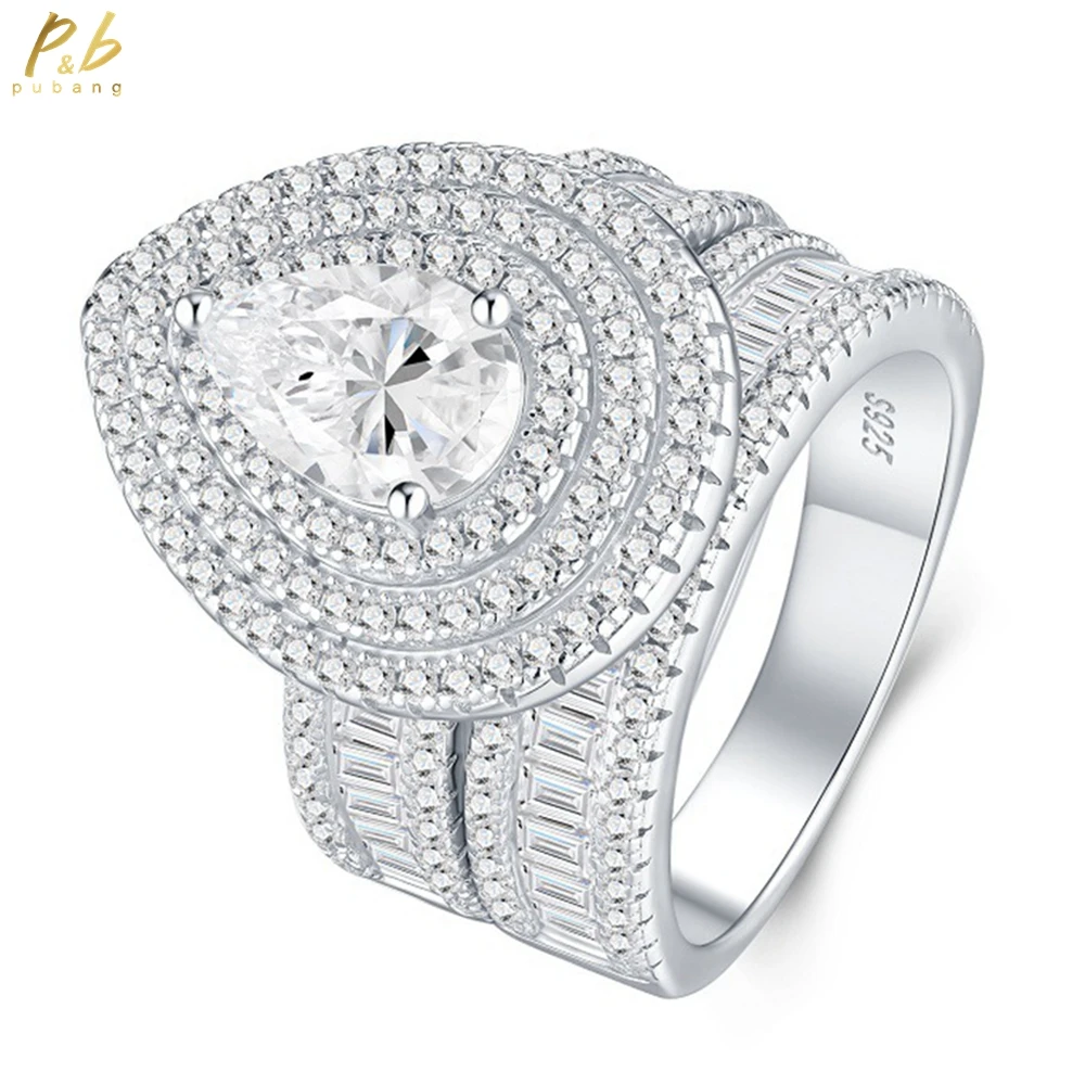 

PuBang Изысканные ювелирные изделия из стерлингового серебра 925 пробы VVS1 3EX D Цвет груши 6*9 мм Наборы обручальных колец с настоящим муассанитом и бриллиантом, 2 шт.