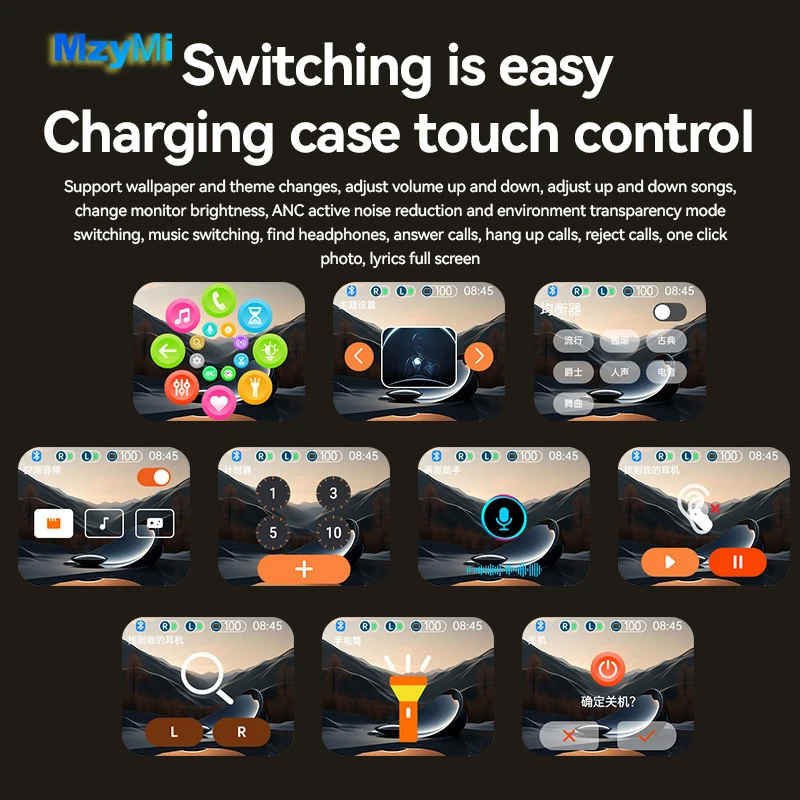 MZYMI H12 Pro Wireless Earphone Dual Earbuds Touch Screen Headset ANC+ENC Noise Cancelling In Ear Bluetooth5.4 Headphone