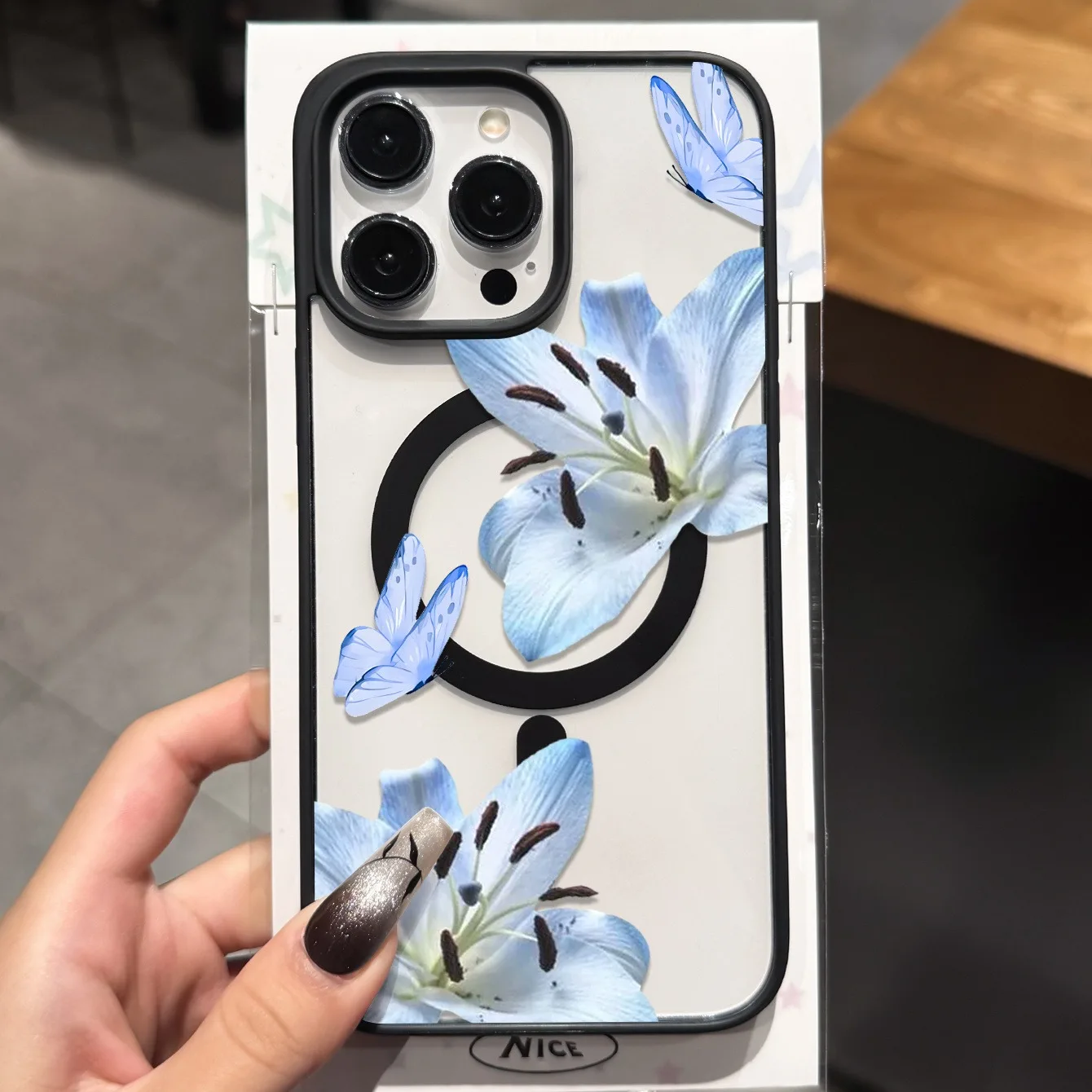 

Magnetic Phone Case for iPhone 17 16 15 14 13 12 Pro Max 16 Plus Air 16E 11 Blue Lily Butterfly Pattern Wireless Charging Cover