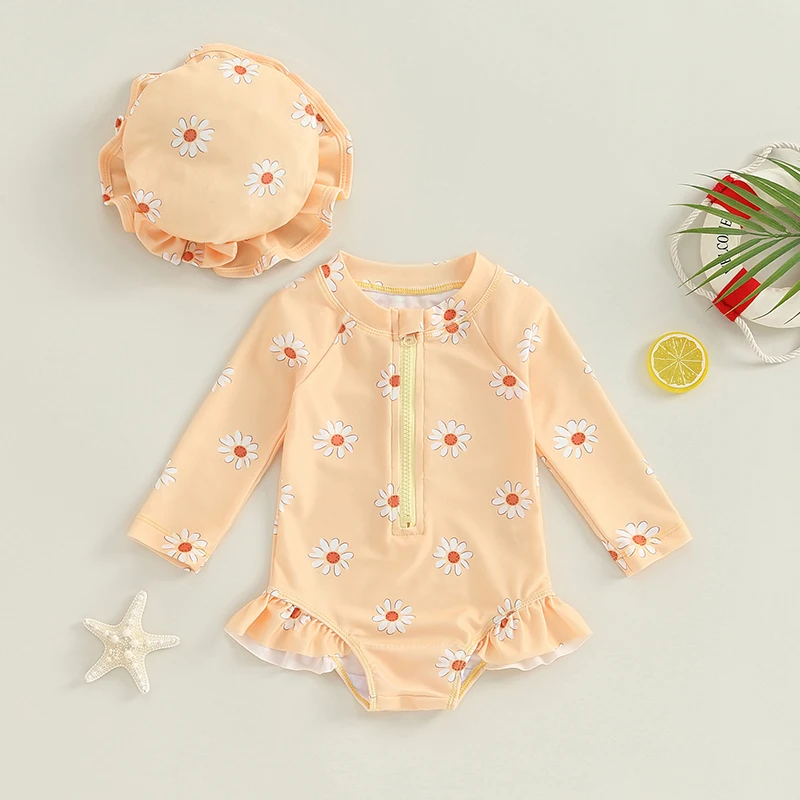 

Baby Girls Swimsuit, Long Sleeve Flower Print Zipped Bikini with Hat Newborn Swimwear for Summer Bathing 6Months-3Years