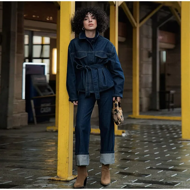 Zweiteiliges Vintage-Jeans-Set für Damen, einreihig, Reversgürtel, Jacke, passende Jeans mit hoher Taille und geradem Bein, lässiges tägliches Outfit – Detail 9