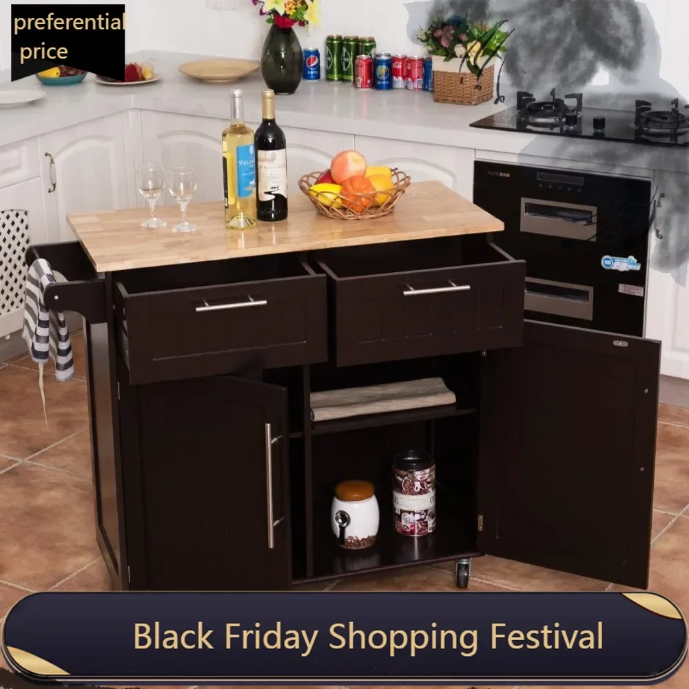 Furniture Kitchen Island on Wheels with Storage Drawers & Cabinets, Lockable Serving Trolley, Rolling Mobile Kitchen Cartw