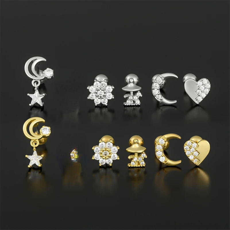 One Piece Zirconia Moon Star Heart Piercing Screw Stud Earrings for Women Girls Fashion Jewelry Summer Sweet Fancy Party