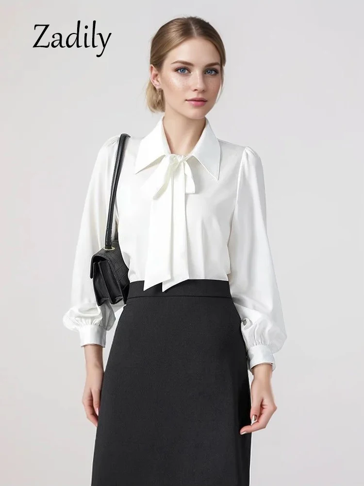 Zadily 2024 Autumn Office Lady Women White Shirt Button Up Long Sleeve Bow Tie Chiffon Blouse Work Female Clothing Cardigan