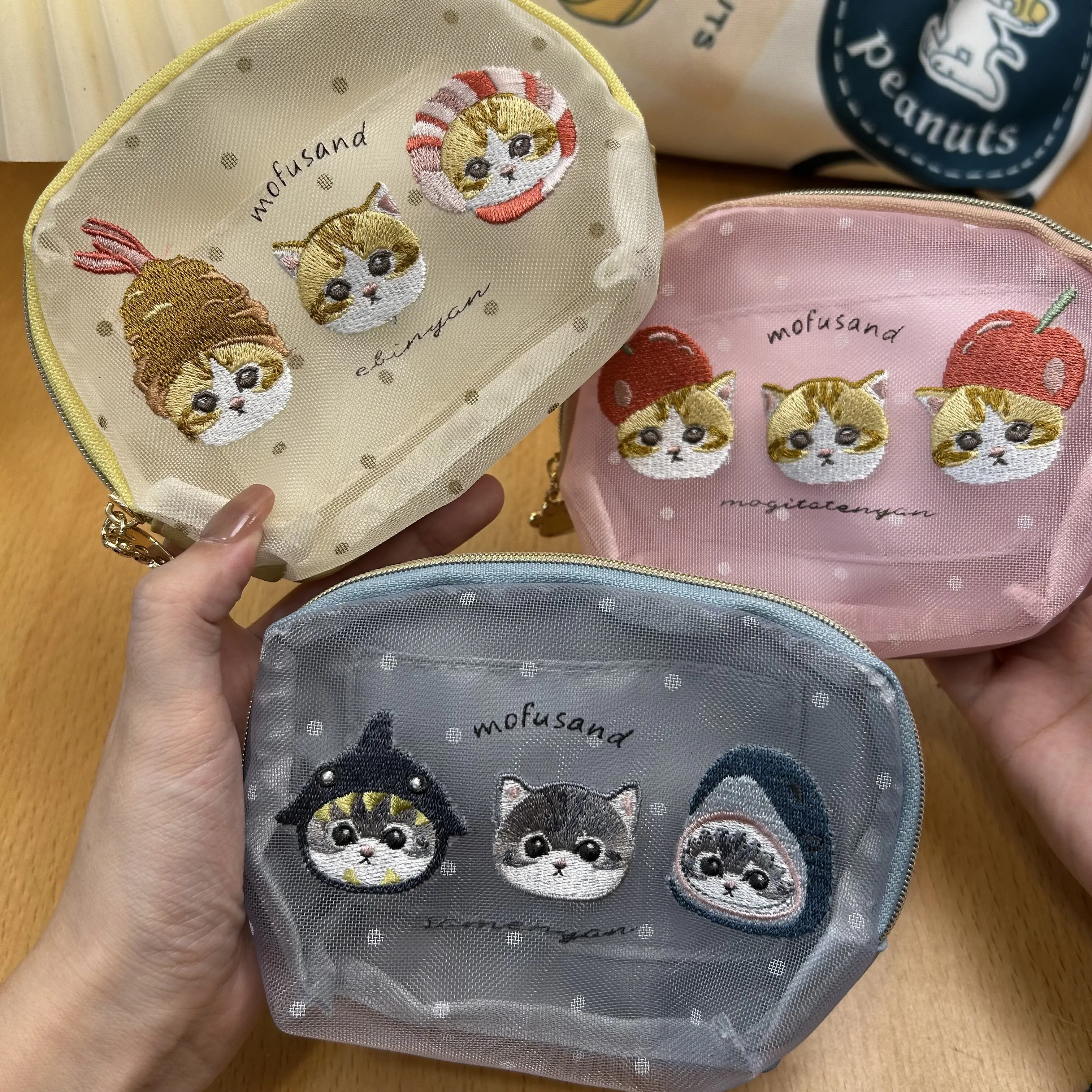 Shark Cat Transparent Mesh Cosmetic Bag Embroidery Shell Portable Travel Toiletry Pouch Lipstick Storage For Women