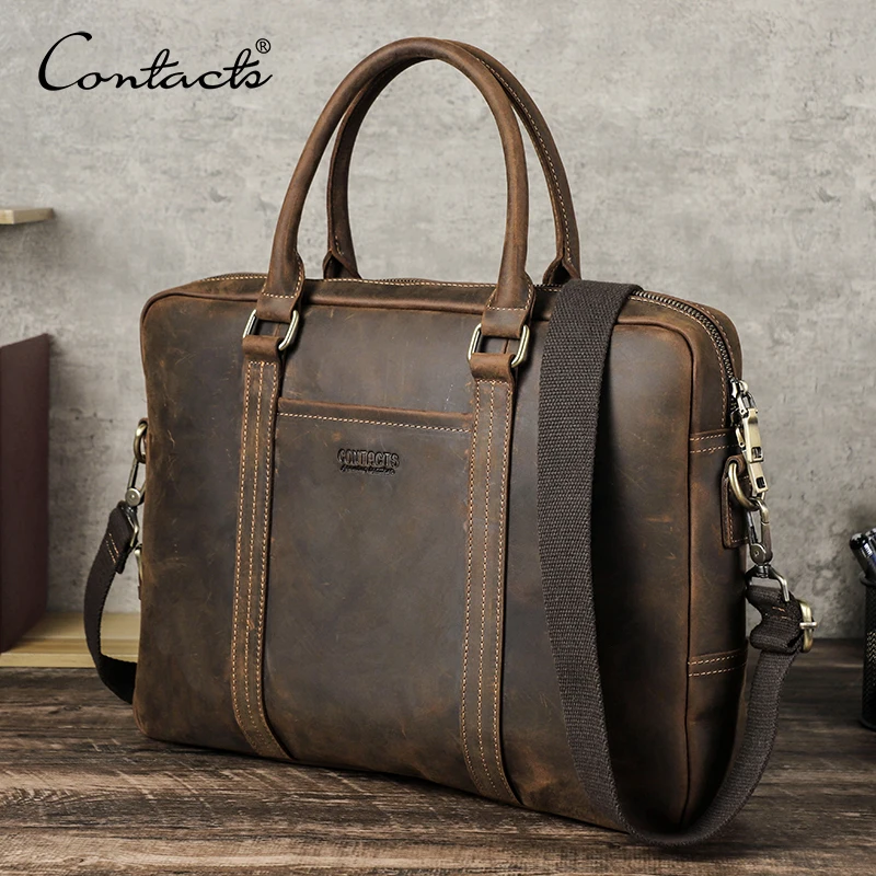 

CONTACT'S Genuine Leather Business Bags for Men Vintage Briefcase Shoulder Bag Men's Bag Tote Laptop Bags for 13.3" Macbook Air