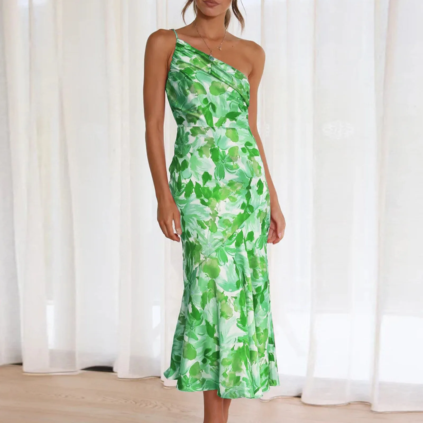 Eleganckie ukośne ramiona plisowane kwiatowy Print Spaghetti sukienki dla kobiet 2024 seksowny pasek z odkrytymi plecami letnia sukienka Midi Vestidos — zdjęcie 6
