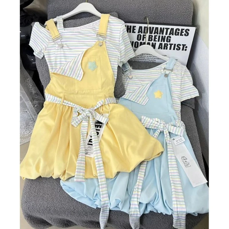 Japanese Kawaii Women 2 Piece Set Stripe Cold Shoulder Top Suspender Mini Skirt Star Patch Bow Tie Slim Fit Summer Daily Wear
