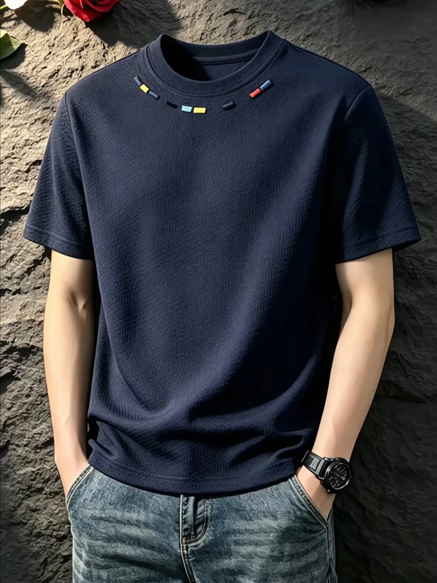 Lightweight Breathable Dragon Scale Embroidery Short Sleeve Men's T-shirt American Style Heavy Duty Summer Sporty Half Sleeve