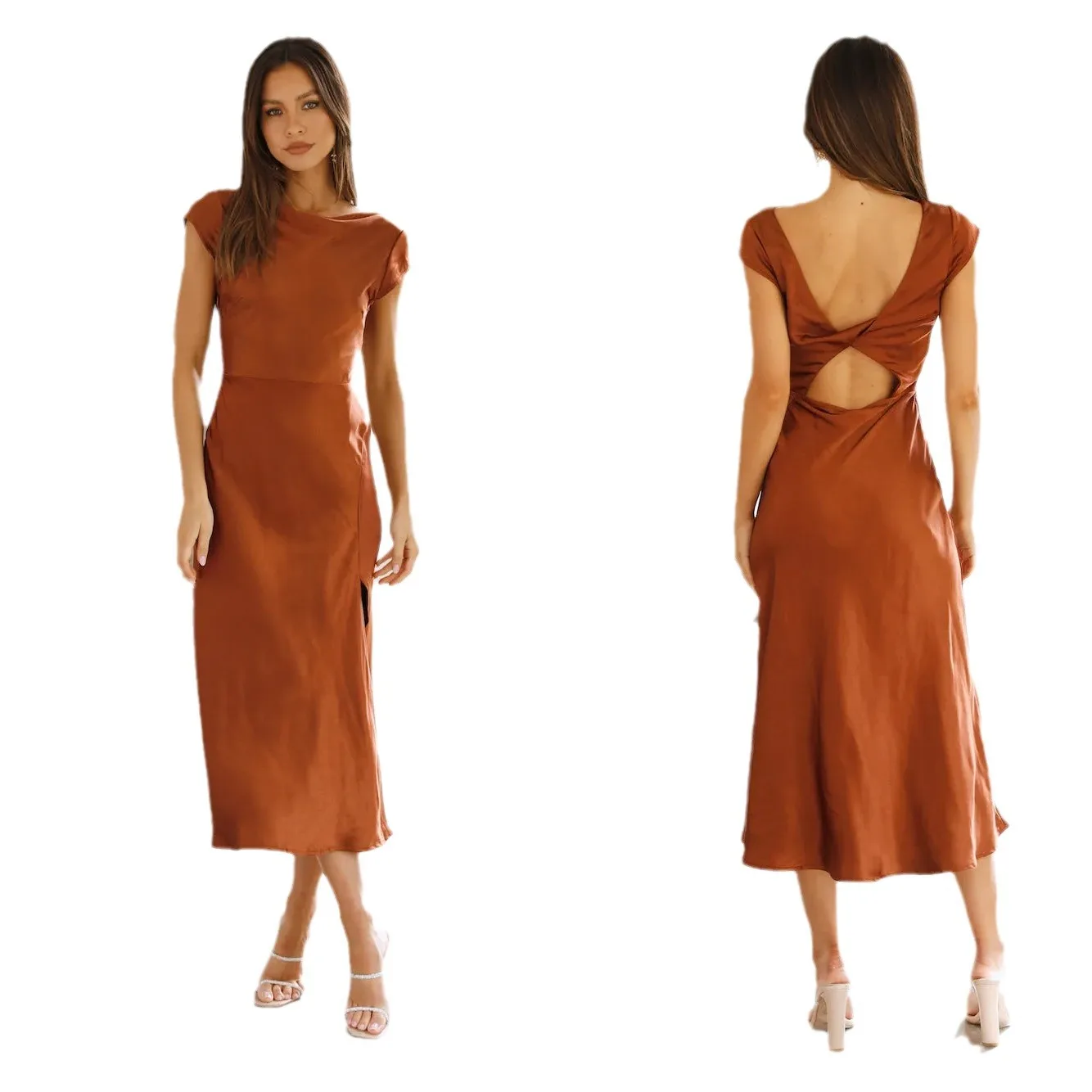 인디펜던트 스테이션 크로스보더 여성용 새틴 컬러스 오르트 스베 미디 드레스