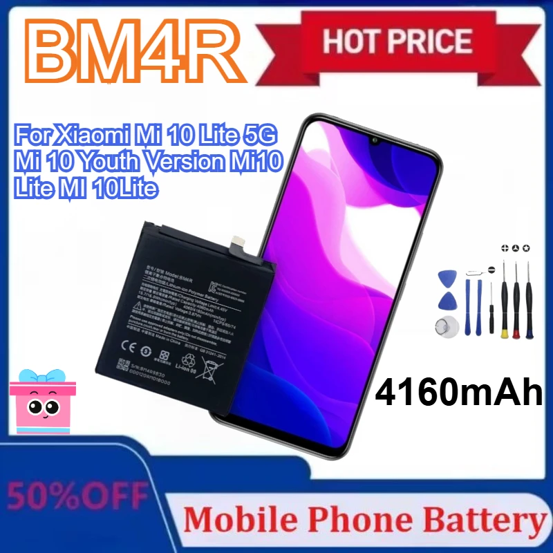 

New 4160mAh BM4R Battery for Xiaomi Mi 10 Lite 5G / Mi 10 Youth Version Mi10 Lite MI 10Lite Mobile Phone Battery with Tool