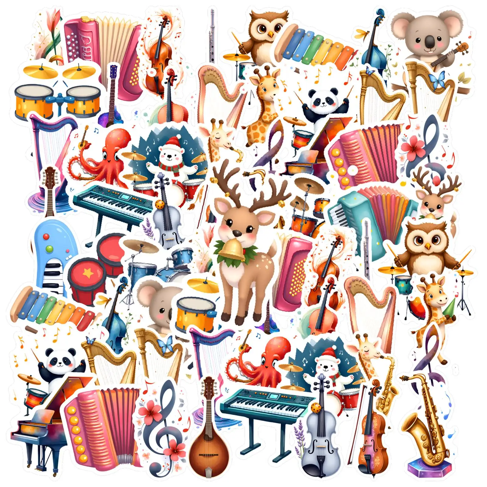 35pcs-50pcs Cute Cute Animals Stickers Whimsical Musical Instruments  Stickers Teacher Reward Stickers For Suitcase Fridge